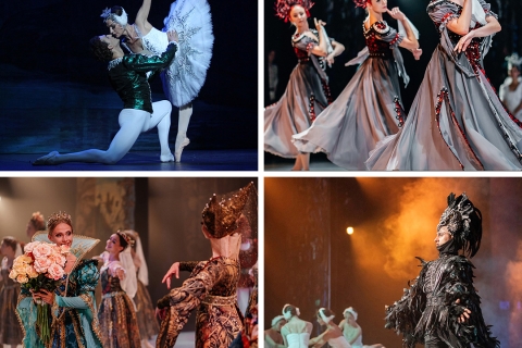 A grid with four images of scenes from classical ballets